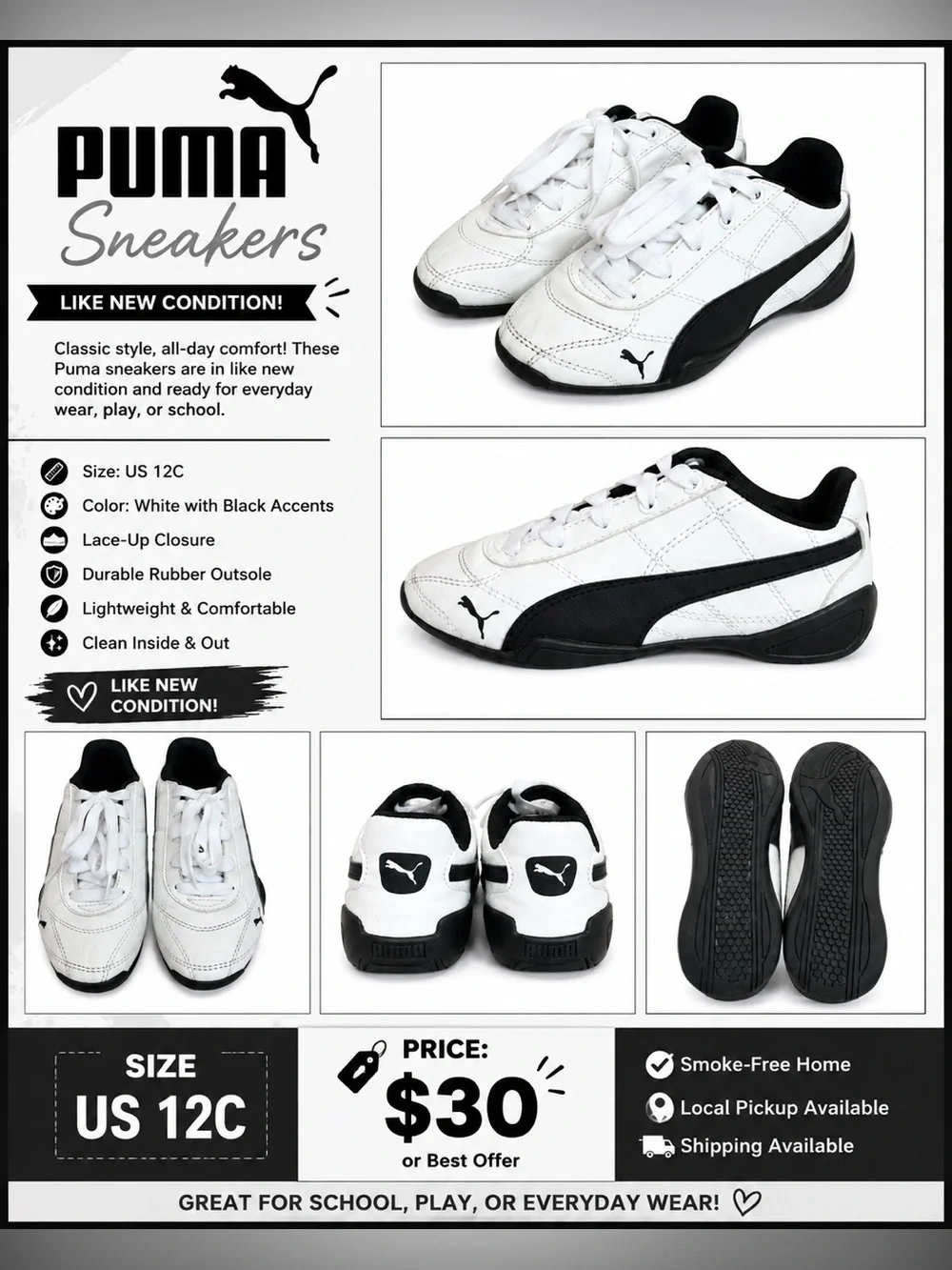 Puma White and Black Lace-Up Sneakers